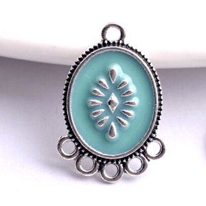 10%OFF Aqua blue Enamel connector pendant, Enameled flower mandala oval earring charm, Silver plated brass hoop 5 charm loops, 21x14 mm