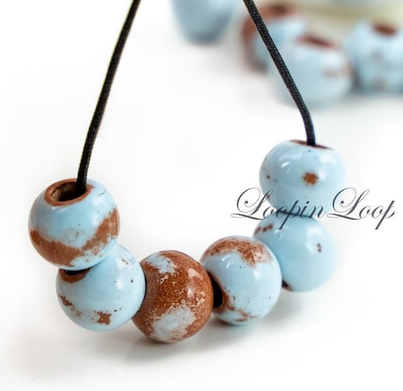 10%OFF, Mykonos Pueblo ceramic beads, 8X10mm, Round enamel beads, Arctic blue teracotta brown, Adobe, Southwest, Stone washed, 10/20pcs