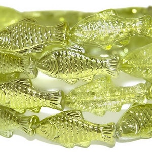 Glass Fish beads, 1 inch Czech glass beads, Spring green with gold AB finish, beach jewelry making, translucent double sided, 25mm, pick qty