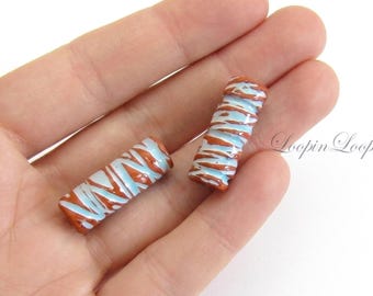 NEW, 24mm Ceramic Carved Large Tube, Mykonos Beads, Arctic Blue Pueblo, Adobe Terra Cotta, Stone Washed Glazed, Made in Greece, 2 or 6 pcs