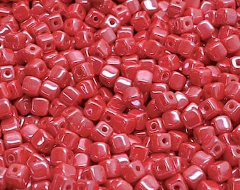 4mm Czech Glass Cube Beads, 4X4mm tiny cubes, Opaque Pink Coral luster, 50 or 100 pcs