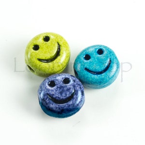 Set of 3 Ceramic Smiley Face Beads, Happy, Carved Smile, Emoticon Symbol Bead, 12mm, Jewelry making, Summer Diy, Handmade in USA