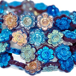 14mm Glass flower beads, Wild roses, Anemone Flower Beads, red blue rainbow AB, Premium pressed Czech glass, for jewelry making, 6pcs