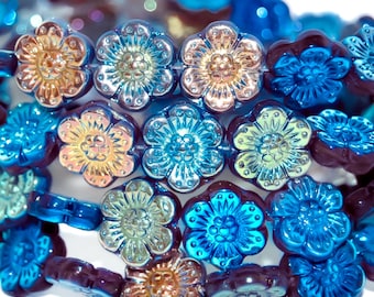 Cuentas de flores de vidrio de 14 mm, rosas silvestres, cuentas de flores de anémona, arcoíris rojo azul AB, vidrio checo prensado de primera calidad, 6 piezas