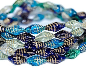 Czech Glass Seashell Beads, 15mm, Clear Blue Emerald Turquoise Mix with Gold Wash, 8 pcs