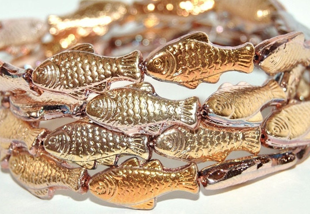 Glass Fish Beads, 1 Inch Gold Czech Glass Beads, Metallic Goldfish
