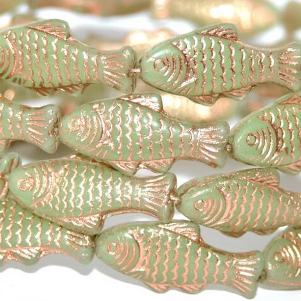 Glass Fish beads, 1 inch Czech glass beads, translucent Sage green with Copper wash Mix, beach jewelry making, double sided 25mm, pick qty