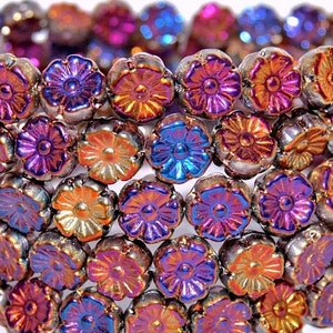 10mm Glass Flower Beads, Premium pressed Czech glass Hawaii flowers, Blue Pink golden purple Aurora Borealis, for jewelry making, 20pcs