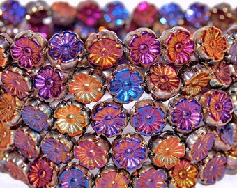 Cuentas de flores de vidrio de 10 mm, flores hawaianas de vidrio checo prensado de primera calidad, iris iridiscente, aurora boreal, para fabricación de joyas, 20 unidades