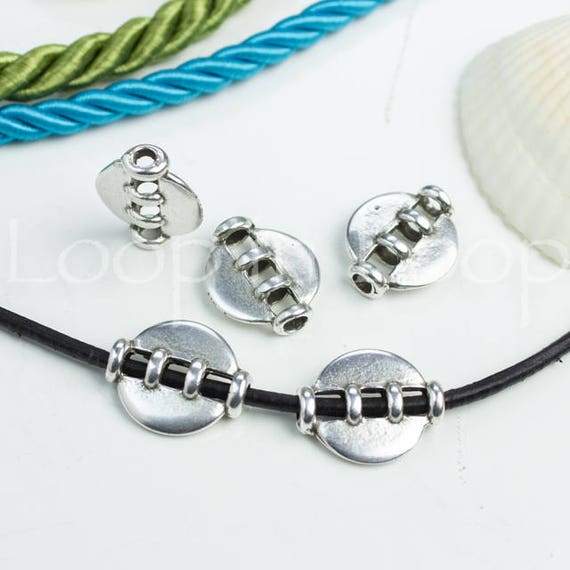 Antique Silver Disc Bead, Spacer, Open oval tube, Slider bead, for 2mm Round Cord, Silver Plated, European quality Metal Beads, 2pcs