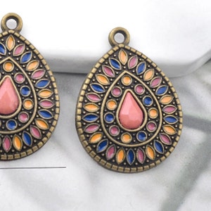10%OFF, Pink Bronze Filigree Charms, small Oval Enamel pendant, flower mandala, Antique brass, bohemian rustic earring charms