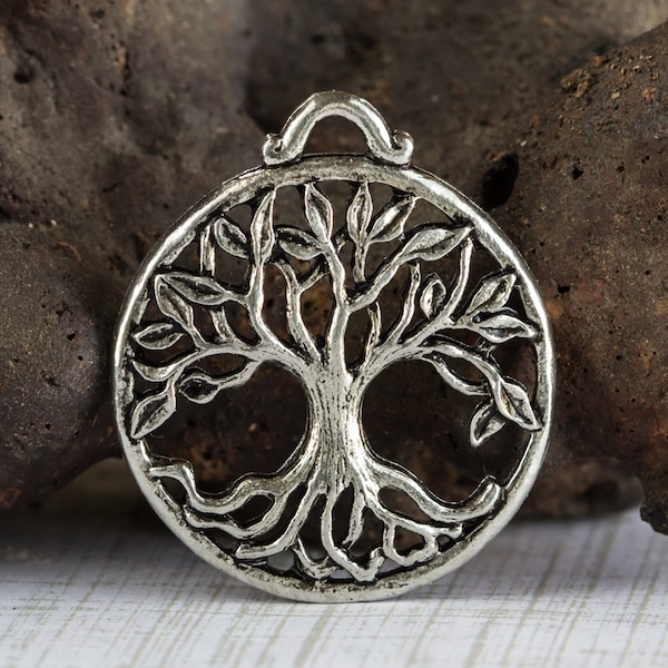 10%OFF Tree of Life pendant, family tree, Antique Silver or Gold, rustic Boho Chakra charm, Nature Earth charms, Made USA, 26X30mm