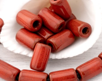 6X10mm Shiny Glazed Ceramic Tube Beads, Mykonos beads, Crimson Red, made in Greece, 10 or 30 pcs