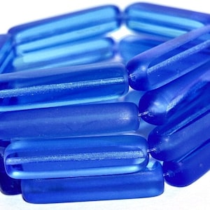 Czech Glass Beads, Extra Long Rectangle stick tube Beads, Translucent table cut matte Pacific sapphire blue, jewelry making, 30x7mm - 4pcs