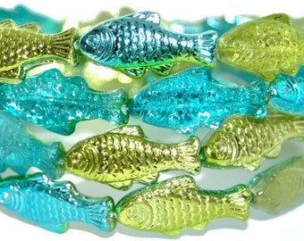 Glass Fish beads, 1 inch Czech glass beads, Aqua Peridot green mix / AB Luster, jewelry making, translucent double sided, 25mm, pick qty