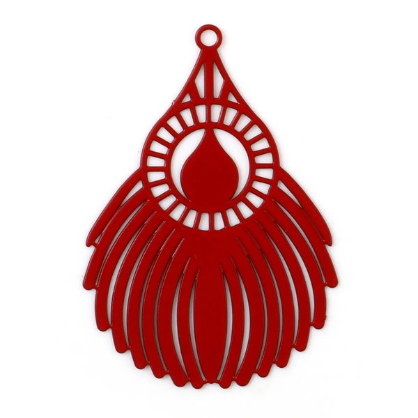 10%OFF, Filigree Peacock Feather, Large Earring charms, RED Connector, Laser Cut Metal Pendant, Made in Europe