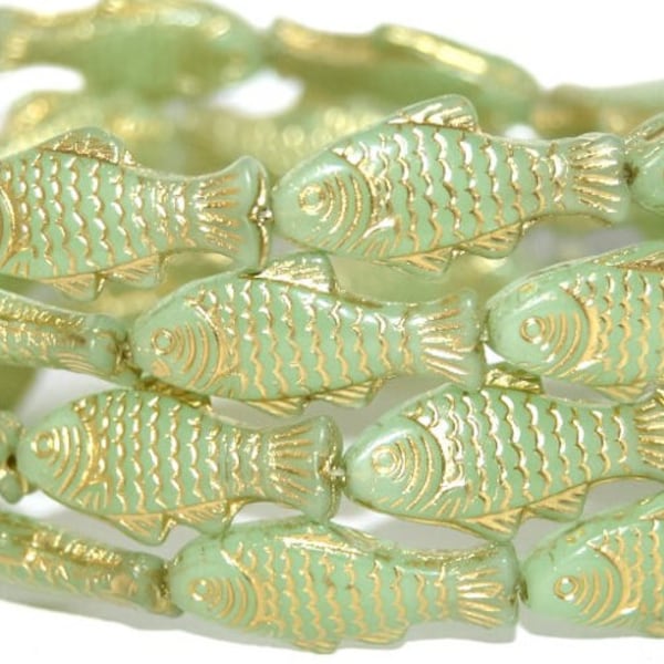 Glass Fish beads, 1 inch Czech glass beads, translucent Sage green w/ Gold wash Mix, glows under blacklight, beach jewelry making, pick qty