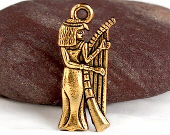 10%OFF Ancient Egyptian Musician pendant, Gold Plated goddess Egypt music charm, 3D Double Sided charms, lead free Pewter Made USA, Pick qty