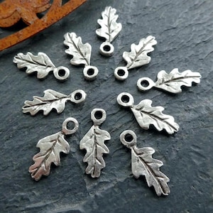 Peut inclure: Dix breloques en métal argenté en forme de feuille de chêne avec un trou en haut pour la suspension. Les feuilles sont détaillées avec des nervures et ont un aspect rustique et antique.