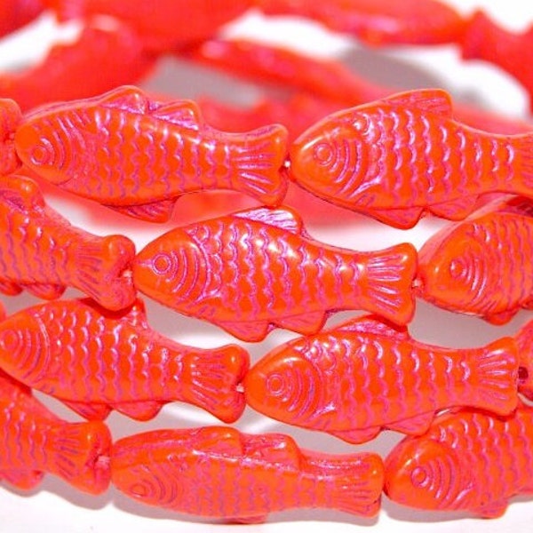 Glass fish beads, 1 inch Czech glass beads, opaque coral red with purple wash, tropical beach jewelry making, double sided, 25mm - pick qty