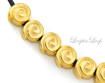 10mm Mykonos 24K Gold Plated Spiral Beads, Nautical Charms, (4-12 beads)