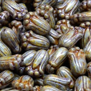 Czech Glass tulip bud Beads, Premium pressed Czech glass flower bead, earthy beige grey jade mint Picasso, for jewelry making, 10mm - 10pcs