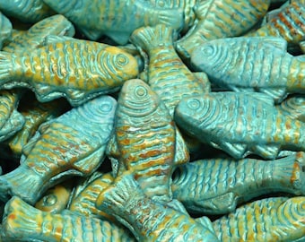 Cuentas de cristal checo en forma de pez, mezcla Picasso con pátina verde AB, doble cara, 1 pulgada, 25 mm, 2/6/12 piezas