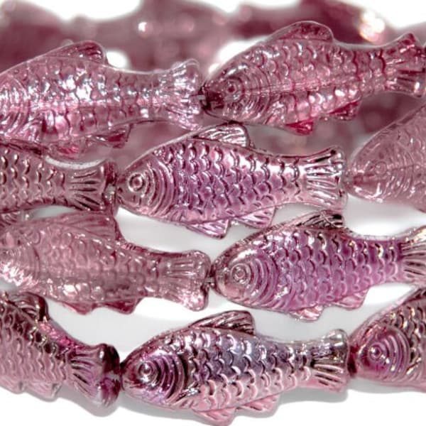 Glass Fish beads, 1 inch Czech glass beads, Amethyst Purple Aurora Borealis, beach jewelry making, translucent double sided, 25mm, pick qty