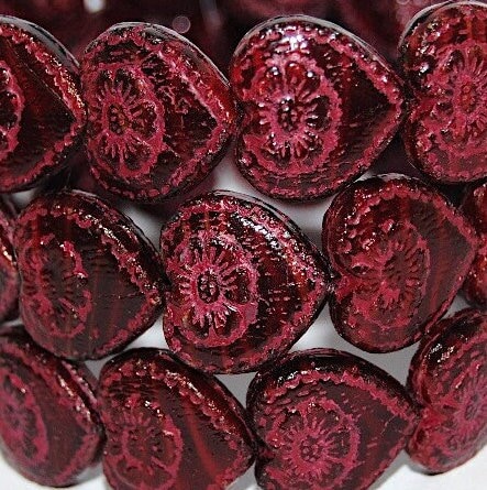 Czech Glass Vintage Heart with Flower Beads, Dark Scarlet Red and Dark Red wash, jewelry making, double sided hearts 17mm - pick qty