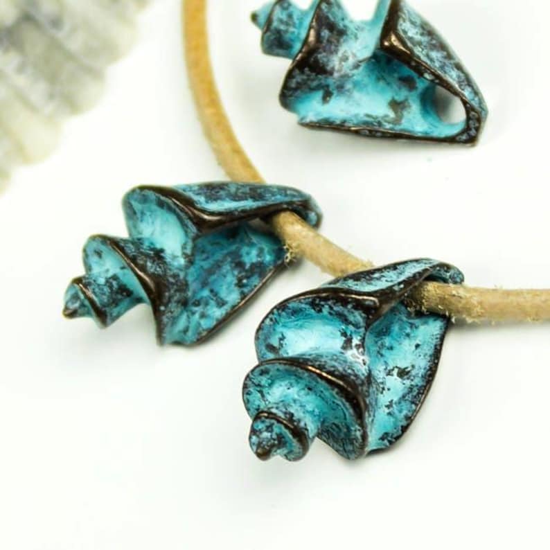 Green patina conch shell charms, Mykonos Greek beads, Bohemian seashell, Beach Jewelry making, 16mm, 3 or 10 pcs image 1