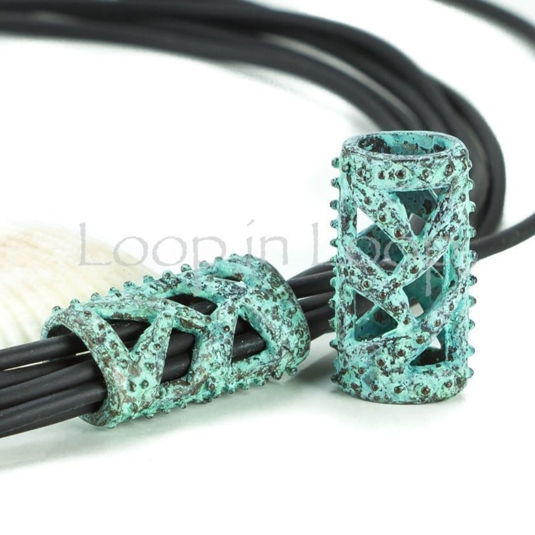 Interlocking Filigree Slider Large Oval Tube Slider, for Regaliz, Mykonos Beads, Green Patina Bead ...