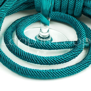 Peacock Green SILK cord, semi soft, chunky braided woven Striped rope, organic necklace tube, 7mm thick, with polyester core - by the foot