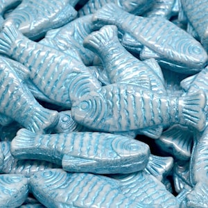 Czech Glass Fish beads, Beige with metallic Blue wash, beach jewelry making, double sided,  1 inch, 25mm, 2/6/12 pcs