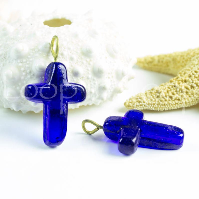 25/%OFF Boho large blue cross pendant pressed glass Charm Greek handmade baptism favor lampwork cross Lucky Charm Protection Talisman
