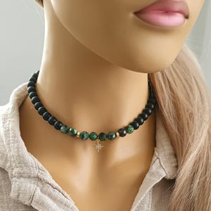 Ruby Zoisite & Matte Onyx Beaded Choker with Gold Star Charm, Handmade Elegant Gemstone Necklace,Gift Natural Stone Necklace for Mom and Her