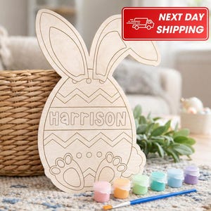 Personalized Easter Egg Paint Kit, Wooden Bunny Craft for Kids, DIY Easter Activity, Custom Name Easter Basket Stuffer EK01