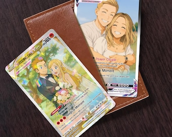 May include: Two custom Pokemon trading cards featuring illustrations of a couple. One card is labeled "Wedding Day" and the other "The Anniversary." Both cards have a HP of 365 and include text about the couple's love story.