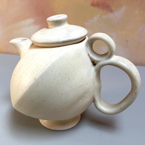 Hand Thrown Ceramic Teapot – Artisan Studio Pottery – Cream  – Modern Minimalist Tea Pot with Unique Double Handle
