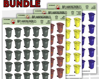 Sticker set for planners & calendars | Journal stickers | 100 everyday stickers | General waste, organic waste, plastic waste, waste paper | Garbage cans