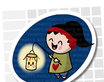 Op de afbeelding: Een sticker met een stripfiguur die een lantaarn vasthoudt. Het personage heeft zwart haar, een rode haarband en een groen shirt met een rood hart. De lantaarn is geel met een lachend gezicht. De sticker heeft de tekst "PABBYS WORLD".
