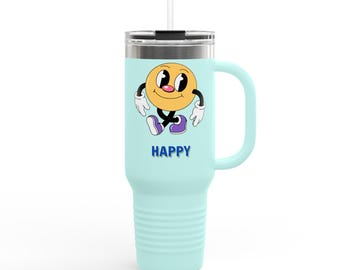 Leuke geïsoleerde reismok gelukkig, 40 oz, smile-mok, cadeaus voor vrienden, zomerreisbeker, vrolijk drinkgerei, leuk verjaardagscadeau