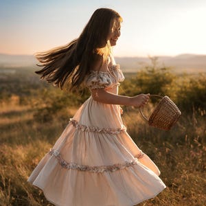 Girls boho 2 piece set, vintage dresses for children, bohemian natural Gauze baby girl dress for photos, Vintage style dress for kids