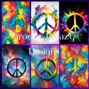 May include: Six different digital designs featuring a peace sign with a rainbow watercolor background. The designs include a tie-dye pattern, a splatter paint effect, a galaxy background, and a solid color background.