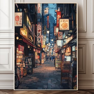 以下が含まれることがあります： 日本の狭い通りは、両側に店やレストランが立ち並び、明るく照らされています。通りにはカラフルな看板や提灯が並んでおり、活気に満ちた賑やかな雰囲気を作り出しています。通りは石畳で舗装され、遠くの交差点へと続いています。