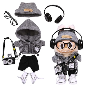 Labubu Streetwear Outfit 7-Piece Set with Hoodie, Beanie, Headphones, Glasses, Camera & Sneakers