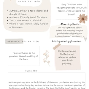 Könnte beinhalten: Eine beige und braune Infografik über das Matthäusevangelium mit dem Titel "Matthäus" in großer brauner Schrift. Die Infografik enthält Informationen über den Autor, das Publikum, das Jahr der Niederschrift, den Ort der Niederschrift, den Grund für die Niederschrift und die Besonderheiten des Buches. Die Infografik enthält auch einen Merkvers aus Matthäus 5,16.
