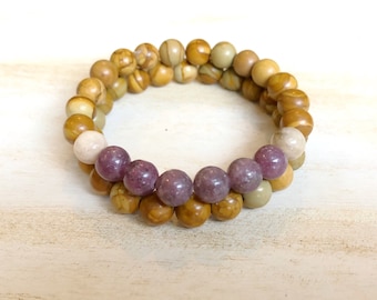 Lepidolite and Wood Jasper Bracelet Set