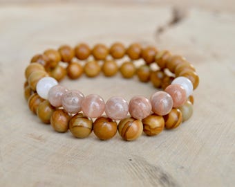 Wood Jasper and Sunstone Gemstone stacked bracelet set