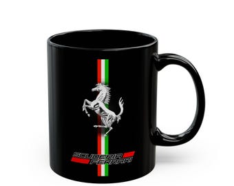 Clean Italian prancing horse & racing stripe design on a sleek black 11oz ceramic mug