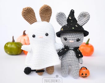 Crochet Pattern Bundle Halloween bunnies - Ghost Bunny and Witch Bunny amigurumi PDF pack English and Spanish
